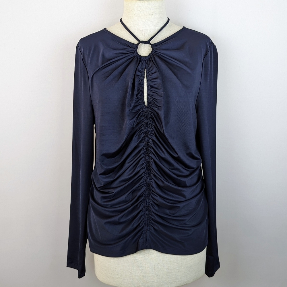 Veronica Beard Rogue Top Halter Neck Tie Ruched Detail Long Sleeve Navy 12 NWT - Picture 2 of 13
